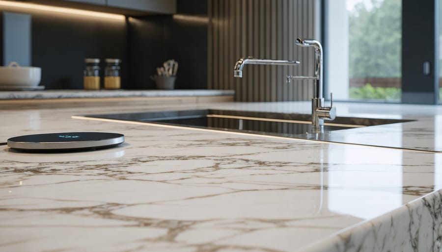 Smart marble countertop with embedded wireless charging spot and LED lighting system