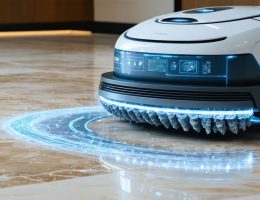 A robotic cleaning system meticulously maintaining a marble floor, with digital data interface and nano-technology cleaning representation, symbolizing the intersection of advanced technology and traditional stone care.