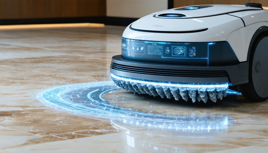 A robotic cleaning system meticulously maintaining a marble floor, with digital data interface and nano-technology cleaning representation, symbolizing the intersection of advanced technology and traditional stone care.