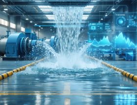 Illustration of a stone fabrication facility showcasing advanced water management systems, with water recycling components such as filtration units and sedimentation tanks, alongside a cutting machine with water jets, all presented in a modern, eco-friendly environment.