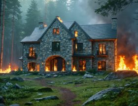 A digitally rendered illustration of a stone building in a forest, with flames threatening the exterior but unable to harm the structure, symbolizing the fire-resistant properties of natural stone.