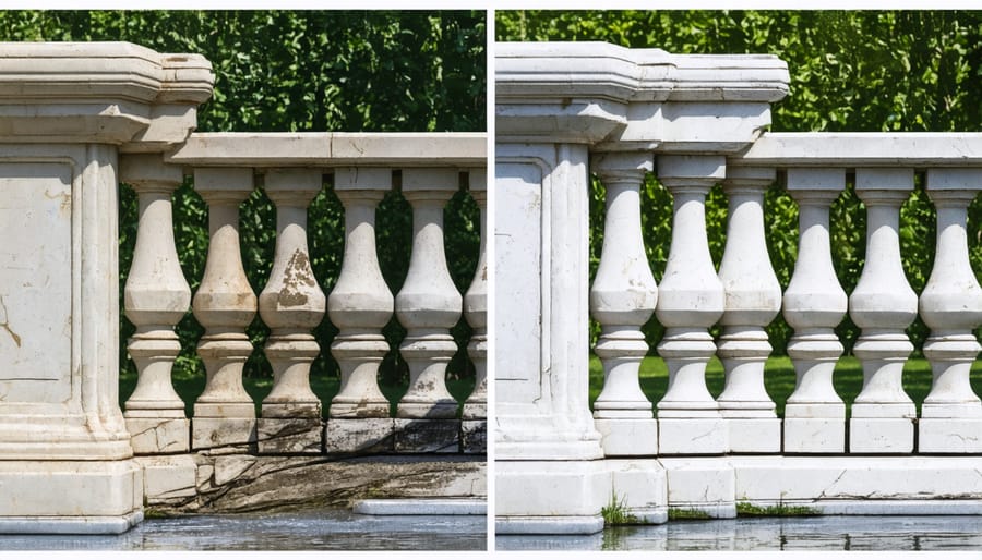Stone balustrade showing progressive erosion damage over time