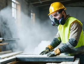 A stone fabrication worker in a workshop, wearing a respirator, safety glasses, and protective clothing, operating a wet saw with visible dust control, showcasing safety protocols.