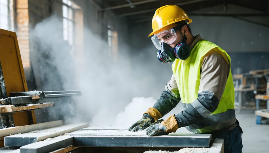 A stone fabrication worker in a workshop, wearing a respirator, safety glasses, and protective clothing, operating a wet saw with visible dust control, showcasing safety protocols.