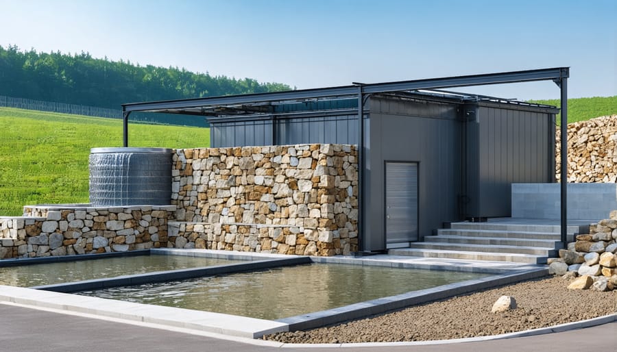 Industrial rainwater collection and storage system with filtration equipment at stone processing plant