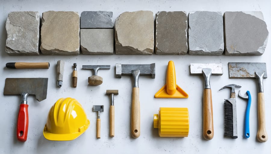Essential tools and materials needed for building a stone outdoor fireplace