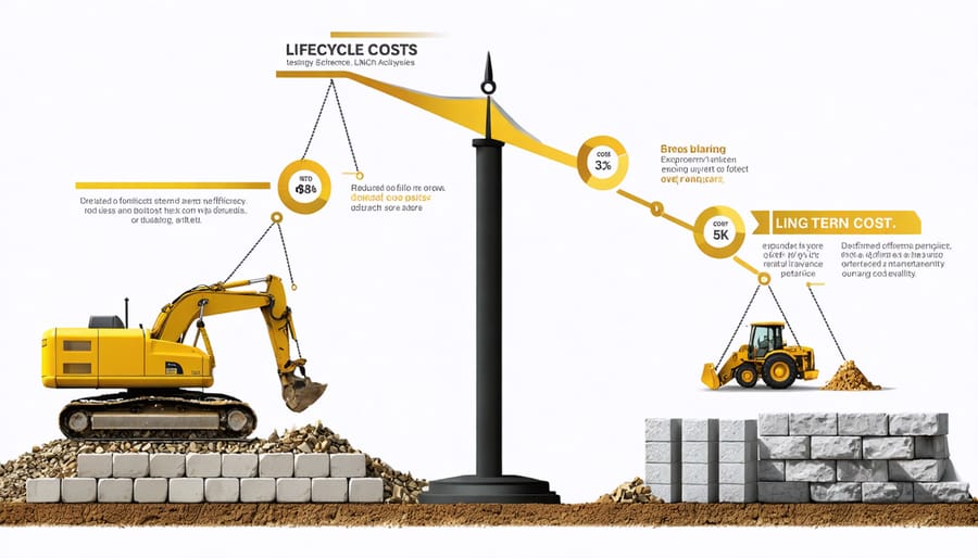 Conceptual image showing a balanced scale with stone project costs on one side and long-term benefits on the other, depicting lifecycle cost analysis.