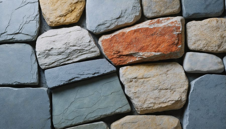 Detail view of contrasting stone surfaces including polished, rough, and natural finishes