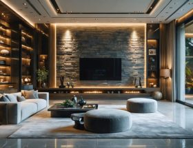 A modern and luxurious interior space featuring a floor-to-ceiling contemporary stone veneer accent wall, complemented by sleek furnishings and subtle lighting that highlights the stone's natural texture.