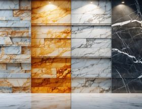 Split-view comparison of a stone wall, with the left side illuminated in warm lighting to highlight marble textures and the right side in cool lighting to accentuate granite's sleekness.