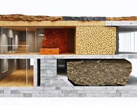 Cross-sectional view of a natural stone building wall featuring stone wool insulation, illustrating its fibrous structure and sound-dampening capabilities, alongside elements of basalt rock symbolizing its natural origin.