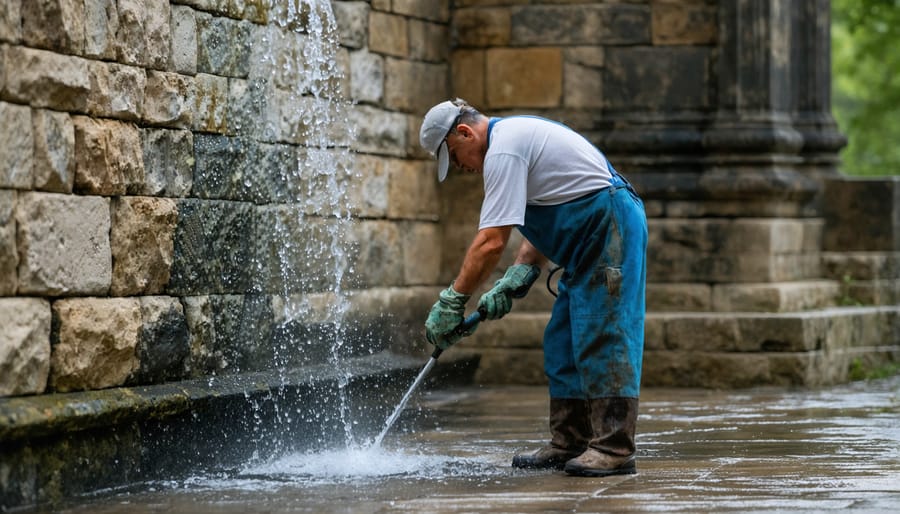 Conservation specialist demonstrating sustainable stone cleaning techniques with low-pressure water system