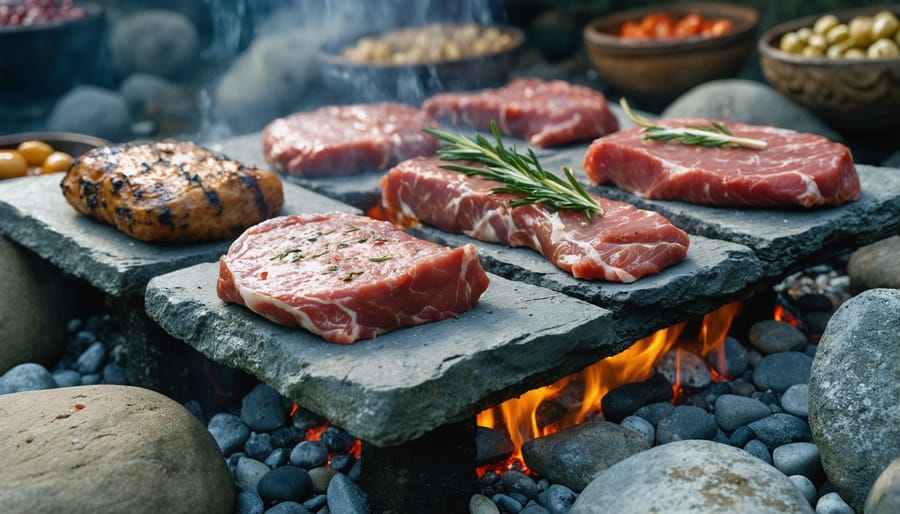 Chef preparing food using traditional heated river stones, with steam rising from the cooking surface