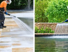 A comparative depiction of traditional stone restoration using pressure washing alongside a sustainable method using eco-friendly tools, illustrating the transition to greener conservation practices.
