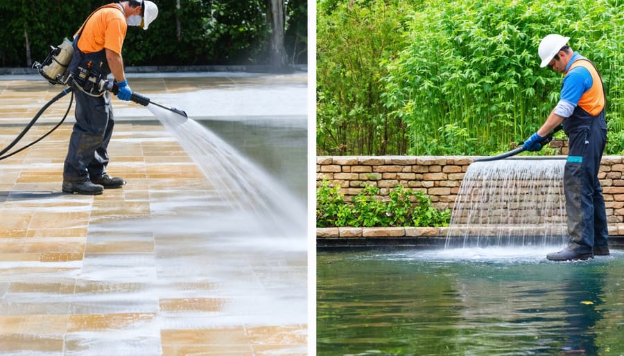 A comparative depiction of traditional stone restoration using pressure washing alongside a sustainable method using eco-friendly tools, illustrating the transition to greener conservation practices.