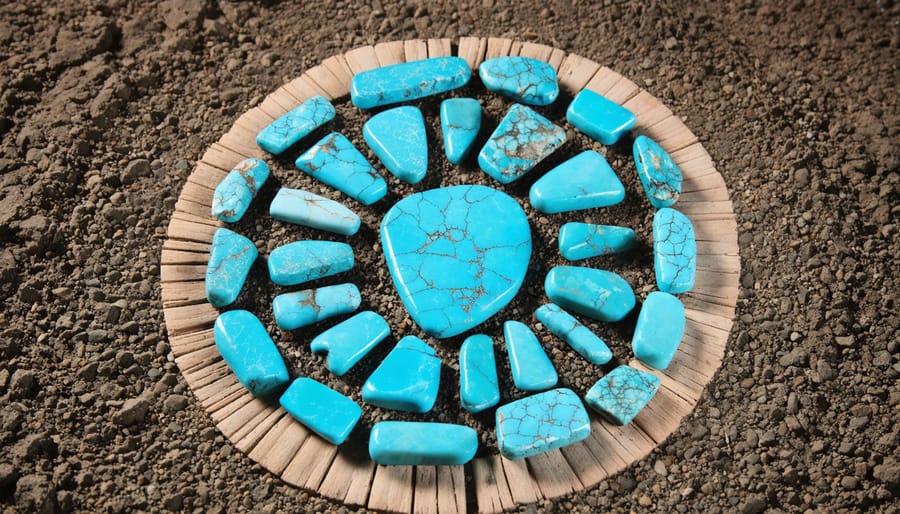 Traditional Native American medicine wheel decorated with turquoise stones and sacred symbols