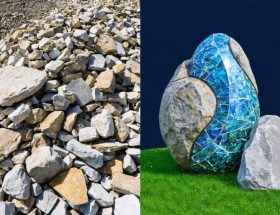 Split-screen image showing a pile of discarded stone waste on the left and vibrant stone artwork on the right, highlighting the transformation and potential of sustainable art.