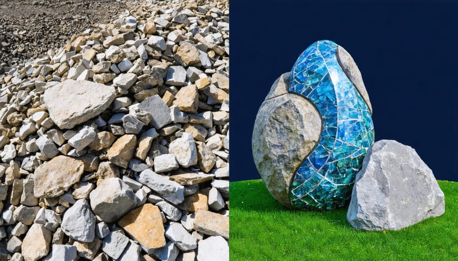 Split-screen image showing a pile of discarded stone waste on the left and vibrant stone artwork on the right, highlighting the transformation and potential of sustainable art.