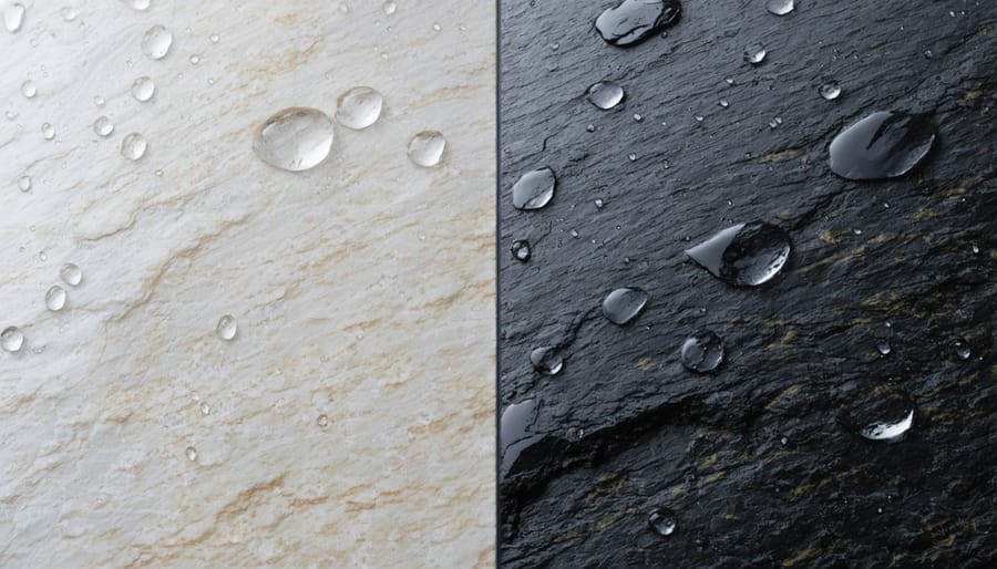 Water beading on quantum-treated stone surface compared to absorption on untreated surface