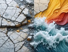 An illustration showing the effects of weathering and erosion on stone. On the left, a stone surface displaying chemical reactions like discoloration and pitting due to weathering. On the right, environmental forces such as wind and water actively eroding and transporting stone particles away.