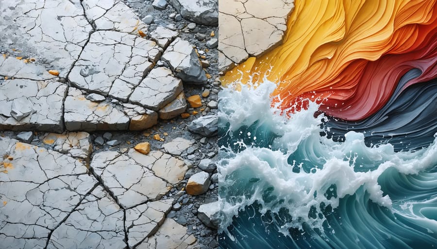 An illustration showing the effects of weathering and erosion on stone. On the left, a stone surface displaying chemical reactions like discoloration and pitting due to weathering. On the right, environmental forces such as wind and water actively eroding and transporting stone particles away.