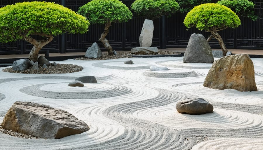 Traditional Japanese rock garden with large meditation stones and concentric sand circles
