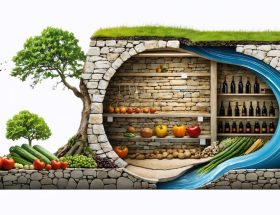 Conceptual illustration of a modern root cellar with stone walls showcasing temperature and humidity management principles, storing fresh produce and wine.