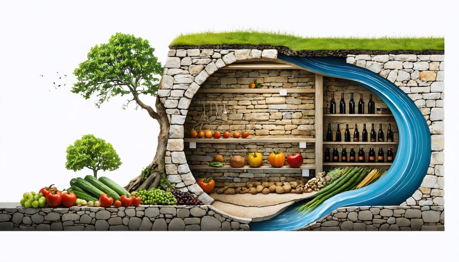 Conceptual illustration of a modern root cellar with stone walls showcasing temperature and humidity management principles, storing fresh produce and wine.