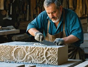 Master artisan carefully chiseling an intricate design into a stone block, surrounded by traditional tools in a well-lit workshop.