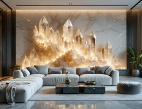 Contemporary living room with a backlit quartz feature wall, emitting a warm glow that accentuates the intricate crystalline patterns, creating a sophisticated and elegant ambiance.