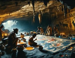 Prehistoric humans painting animals on cave walls with natural pigments, illuminated by animal fat lamps, representing the beginnings of artistic expression during the Stone Age.
