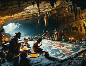 Prehistoric humans painting animals on cave walls with natural pigments, illuminated by animal fat lamps, representing the beginnings of artistic expression during the Stone Age.