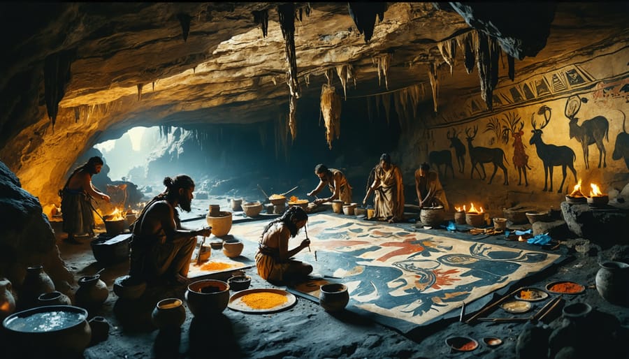 Prehistoric humans painting animals on cave walls with natural pigments, illuminated by animal fat lamps, representing the beginnings of artistic expression during the Stone Age.