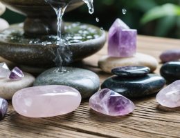 A serene arrangement of polished stress relief stones, including rose quartz, amethyst, and black tourmaline, placed on a wooden surface with a soft light highlighting their natural beauty. A water fountain and essential oil diffuser set a tranquil mood.