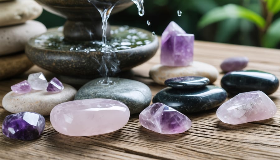 A serene arrangement of polished stress relief stones, including rose quartz, amethyst, and black tourmaline, placed on a wooden surface with a soft light highlighting their natural beauty. A water fountain and essential oil diffuser set a tranquil mood.