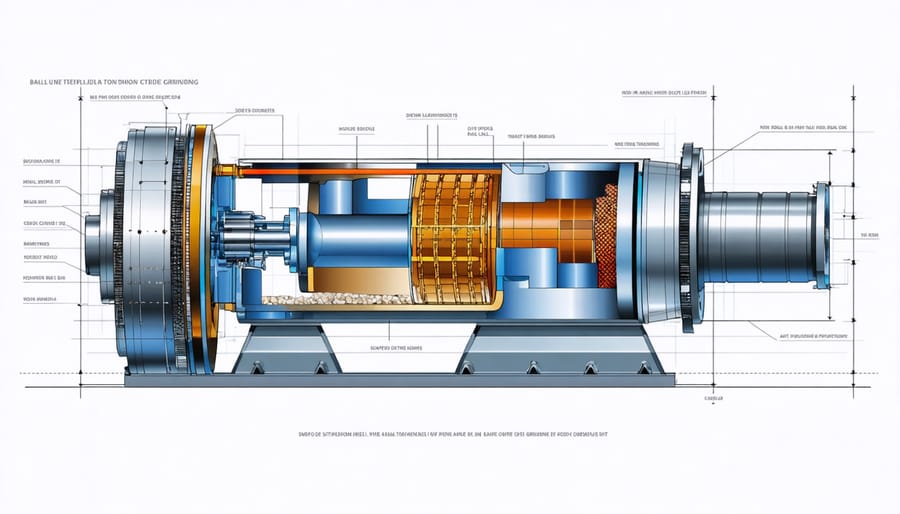 Technical illustration of cement ball mill interior structure