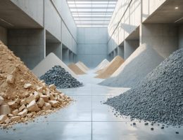 Conceptual illustration showing the transformation of limestone and clay into cement within a modern plant, with emphasis on advanced technology and environmental sustainability.