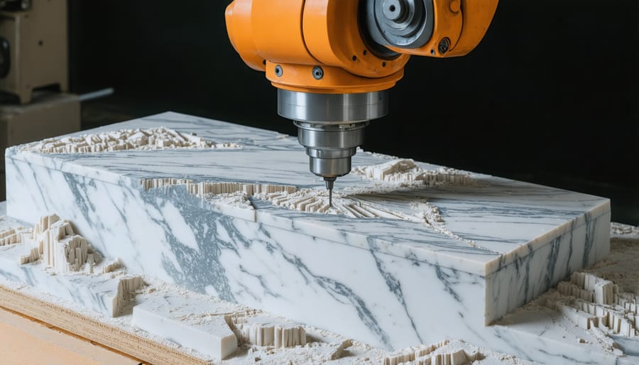 Large-scale robotic CNC machine precisely carving detailed pattern into white marble