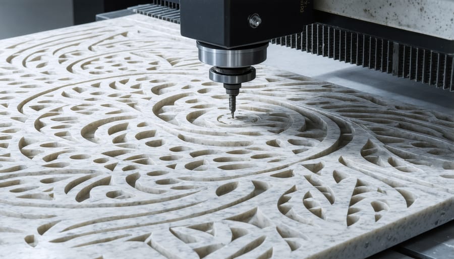 Industrial CNC machine precisely cutting detailed design in stone