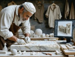A traditional stone artisan hand-carving marble with a chisel next to a modern architect examining a digital 3D model of the same design on a tablet, illustrating the synthesis of traditional craftsmanship and modern technology in stone artistry.