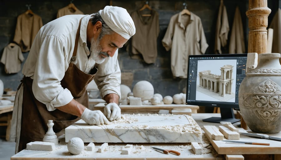 A traditional stone artisan hand-carving marble with a chisel next to a modern architect examining a digital 3D model of the same design on a tablet, illustrating the synthesis of traditional craftsmanship and modern technology in stone artistry.