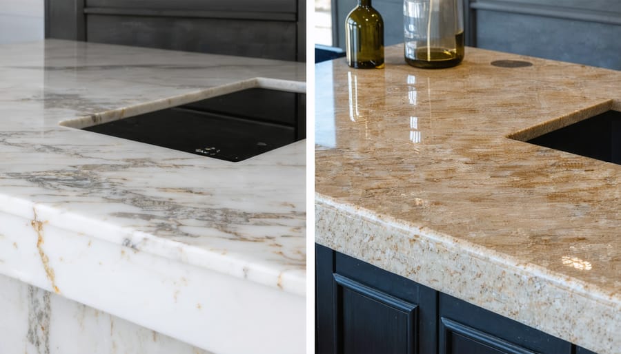 Side-by-side comparison of cleaning and maintaining natural stone and quartz countertops