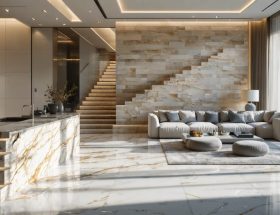 A beautifully designed living space featuring marble countertops and textured granite floors, showcasing the ergonomic and aesthetic benefits of natural stone in home interiors.