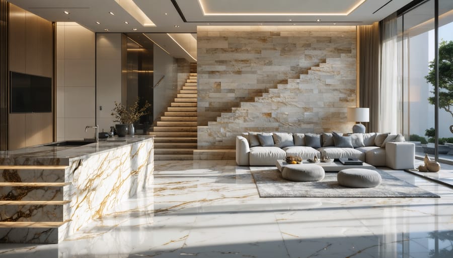 A beautifully designed living space featuring marble countertops and textured granite floors, showcasing the ergonomic and aesthetic benefits of natural stone in home interiors.