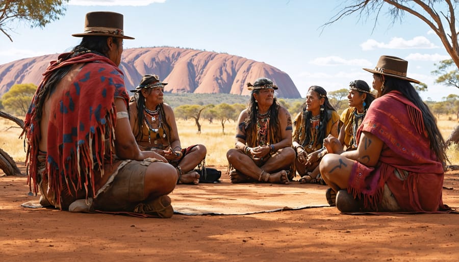 Group of Aboriginal elders and conservation specialists discussing preservation approaches at sacred site