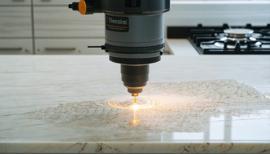 Technician using laser templating equipment to measure kitchen countertop space