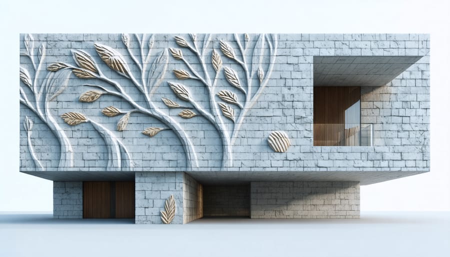 Contemporary building exterior showcasing complex geometrical patterns carved into stone panels