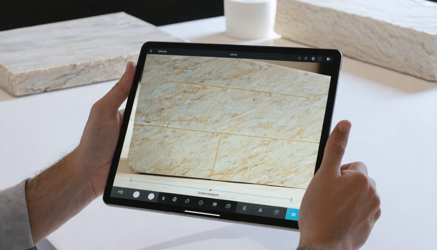 Quality control inspector using tablet software to analyze stone material quality
