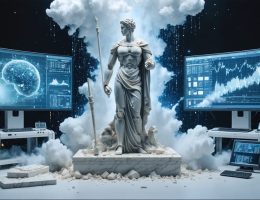 A marble sculpture emerging from binary code, surrounded by robotic tools and digital monitors, symbolizing the fusion of traditional stone art with modern technology.