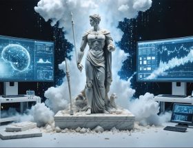 A marble sculpture emerging from binary code, surrounded by robotic tools and digital monitors, symbolizing the fusion of traditional stone art with modern technology.